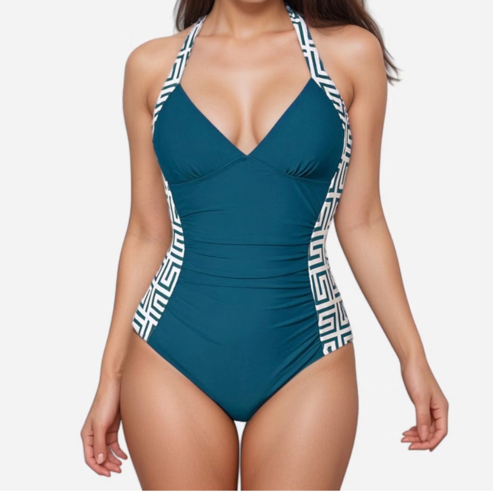 Anna-Kaci Swim Women's One Piece Halter Swimsuit with Geometric Side Panels Teal